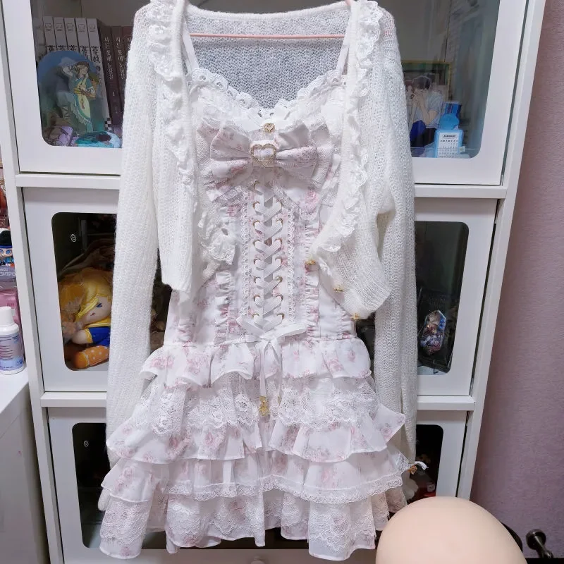 Japanese Sweet Lolita 2 Piece Cardigan Lace Floral Dress Set Women Bowknot Ruffle Mini Dress Long Sleeve Knit Cover Up Outfit image 2