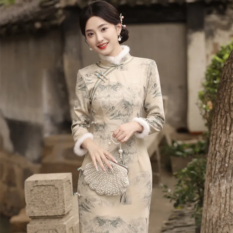 Mandarin Collar Chinese Traditional Dress Vintage Printed Cheongsam Plus Size Slim Classic Elegant Qipao Winter Thickened Qipao