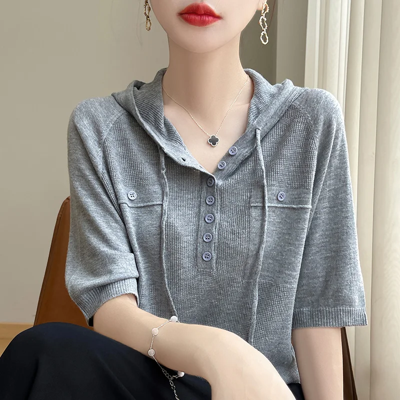 

Толстовка из искусственной шерсти из ледяного шелка с короткими рукавами, женская летняя свободная повседневная толстовка в корейском стиле, модные однотонные вязаные топы