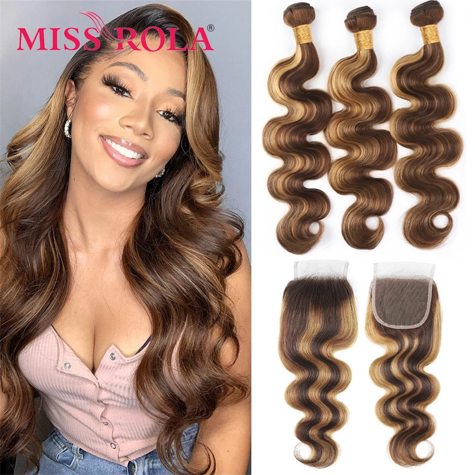 Miss Rola Brazilian Straight Human Hair Weaving With Lace Closures 3 Bundles With 4x4 Closure Ombre Highlight P4/27 Remy Hair