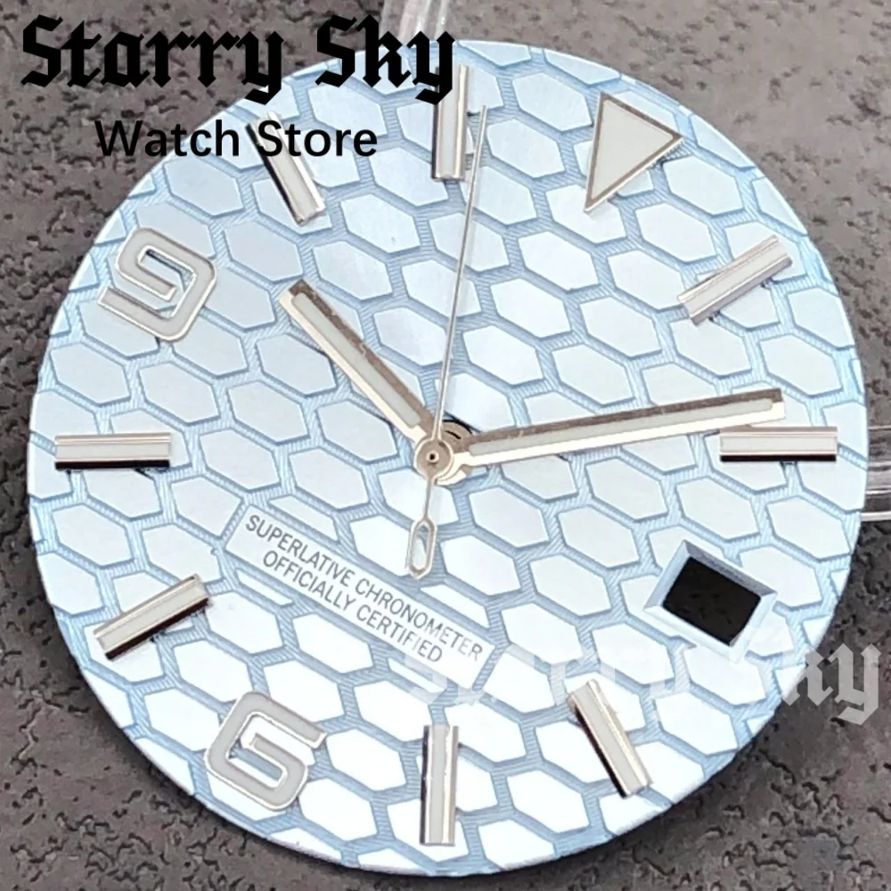 Starry Sky 29mm Honeycomb Pattern Number Watch Dial With Blue/Green Luminous Watch Hands Fit NH35 Automatic Movement Watch Parts