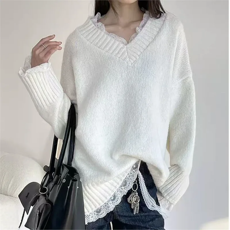 Femmes tricot pull nouveau lâche col en v pulls dentelle Patchwork femme pulls mi-long femme hauts automne hiver
