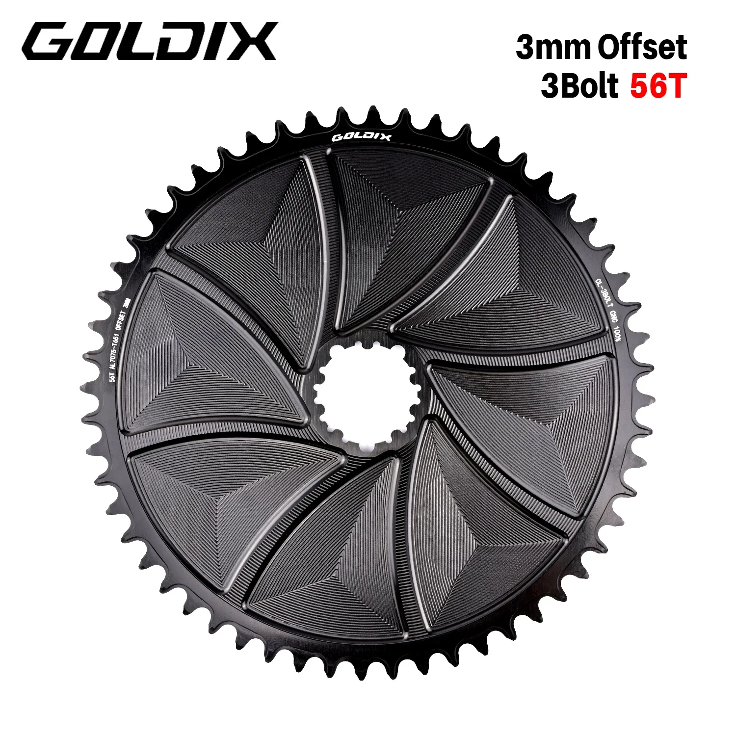 GOLDIX AERO Kettenblatt, 3-Loch, 3 mm Offset, Fahrradkettenblatt mit breiten und schmalen Zähnen, CNC-Hohlschnittbearbeitung für 3-Loch-Kurbelgarnitur