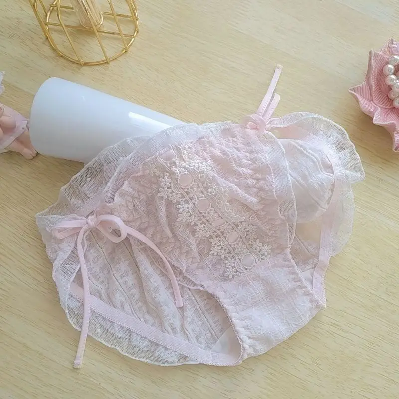 Women Sexy Lace Flower Cotton Underwear Ruffle Princess Style Cute Lovely Sweety Female Panties Tie Strap Breathable Breifs