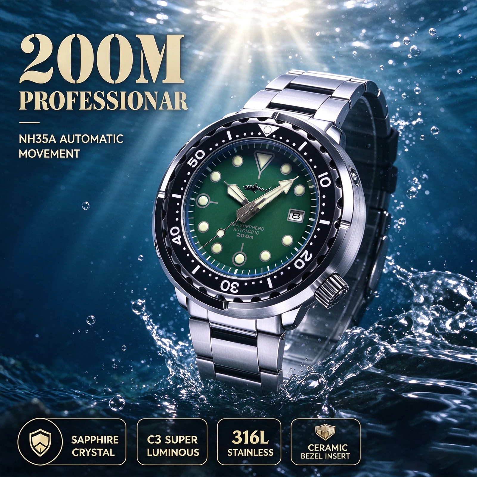 HEIMDALLR Men's Tuna Diver Watch 47mm NH35A Auto 200M 20ATM Waterproof Sapphire Ceramic Bezel C3 Super Luminous 316L Steel Scuba