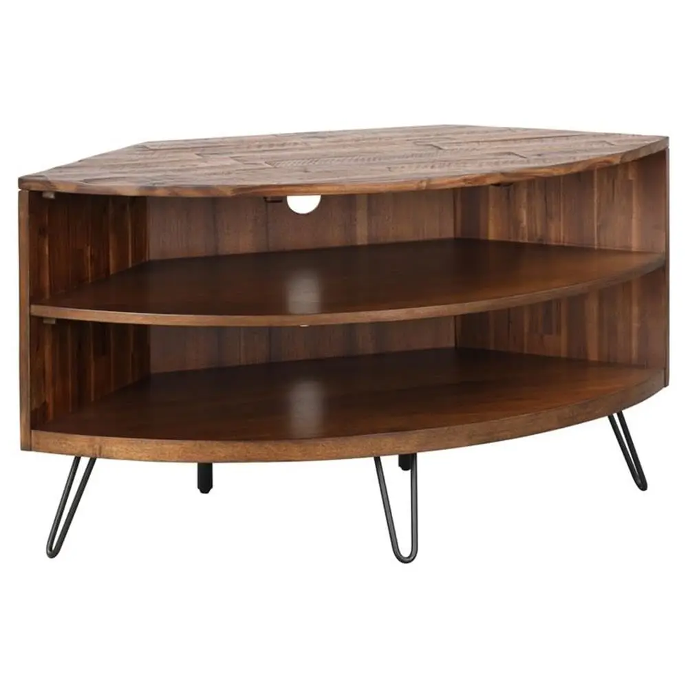 Acacia Wood Corner Media Stand, 43 in Top, Brown Finish, Fits TVs up to 41 in, Irregular Shape, Metal Hairpin Legs,, Customized