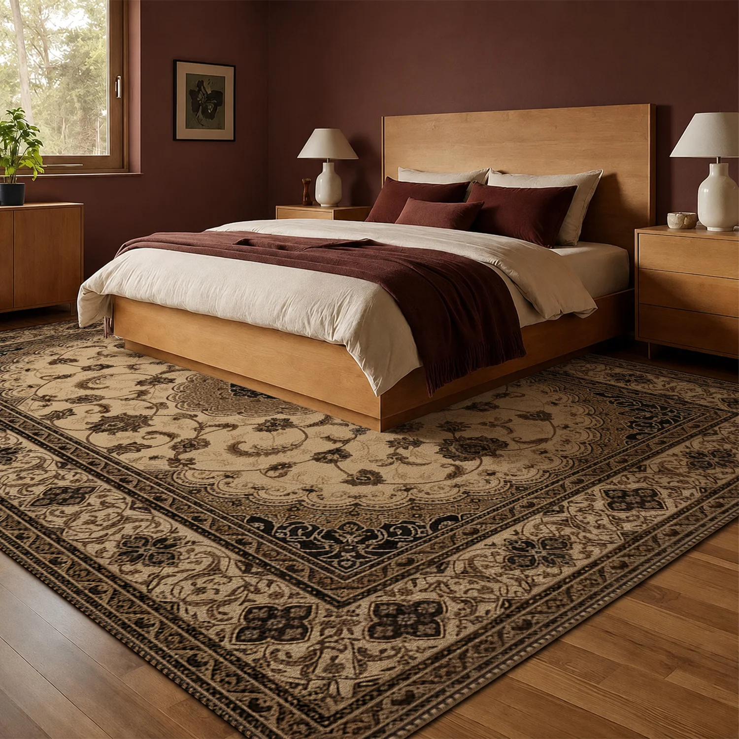 Large Indoor Area Rug, Soft Velvet Low Pile with Non-Slip Dotted Backing, Machine Washable Vintage Ornate Floral Medallion Accent Rug for Living Room Bedroom Home Decor