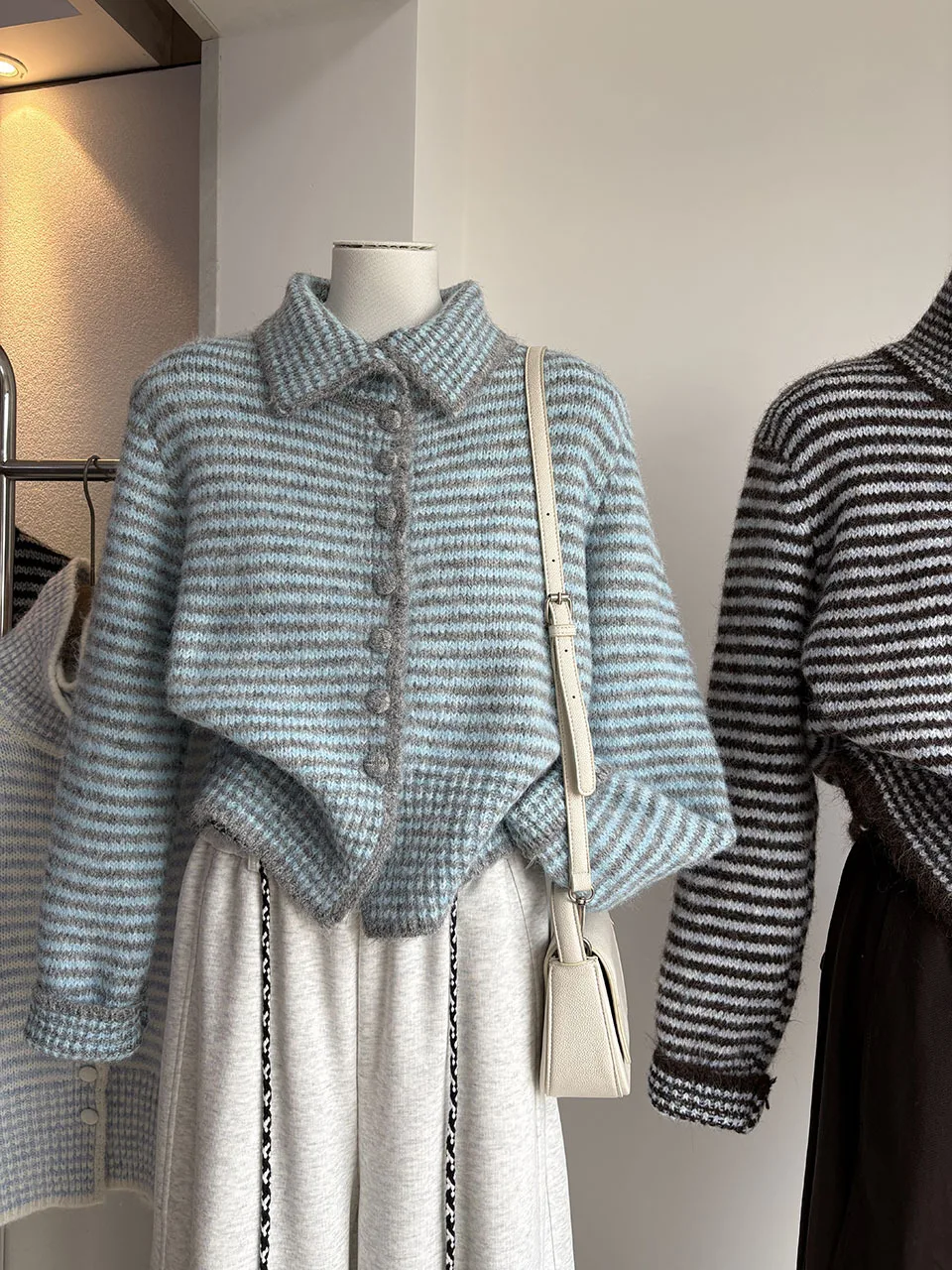 Women's Blue Gray Striped Knit Cardigan Lapel Long Sleeve Fuzzy Soft Sweater Coat Elegant Casual Short Outerwear Autumn Winter