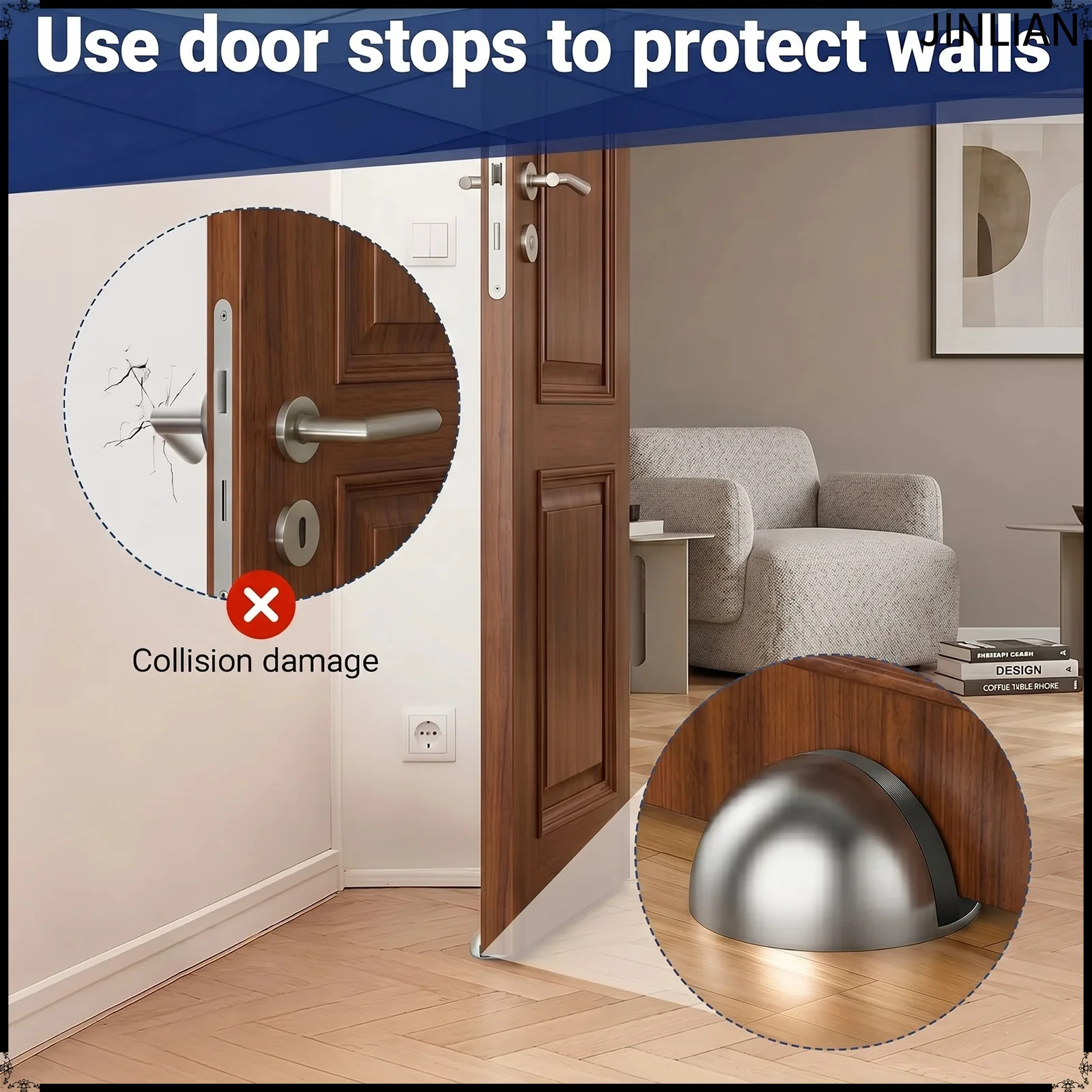 Stainless Steel Door Stopper 2Pcs Screw Mount Floor Door Stop Half Dome Rubber Bumper Wall Protector for Home Room Office Repair