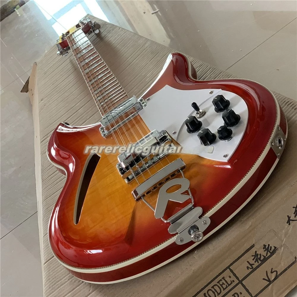 

Cherry Sunburst 12 String 381 Electric Guitar Body with Flame Maple Top & Back, Tailpiece Bridge