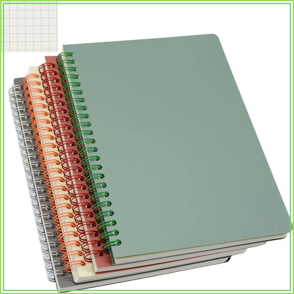 A5 Spiral Notebooks 4-Pack, Thick Plastic Hardcover, Grid Paper, 80 Sheets Each, 4 Colors