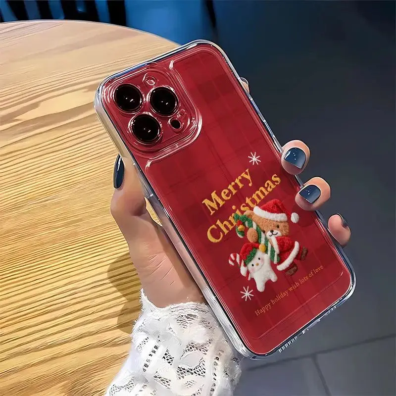 

Чехол для телефона с милым рождественским медведем для iPhone 17, 16, 14, 13, 12, 11 Pro Max XR XS MAX 7, 8 PLUS MINI INS, прозрачный чехол