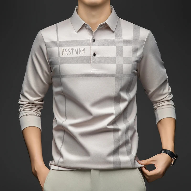 BROWON 2026 Spring Autumn Casual Golf Shirt Polo Man Plaid Pattern Soft Comfortable Long Sleeve Business Office Polo Shirt Men