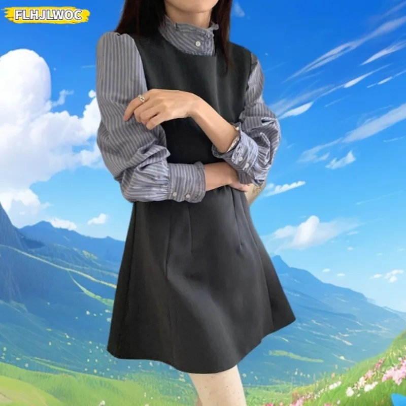 Chic Korea All-Match Outfits Sleeveless Dresses New Year Date Girls Cute Sweet Japan Preppy Style Design Striped Shirt Dress