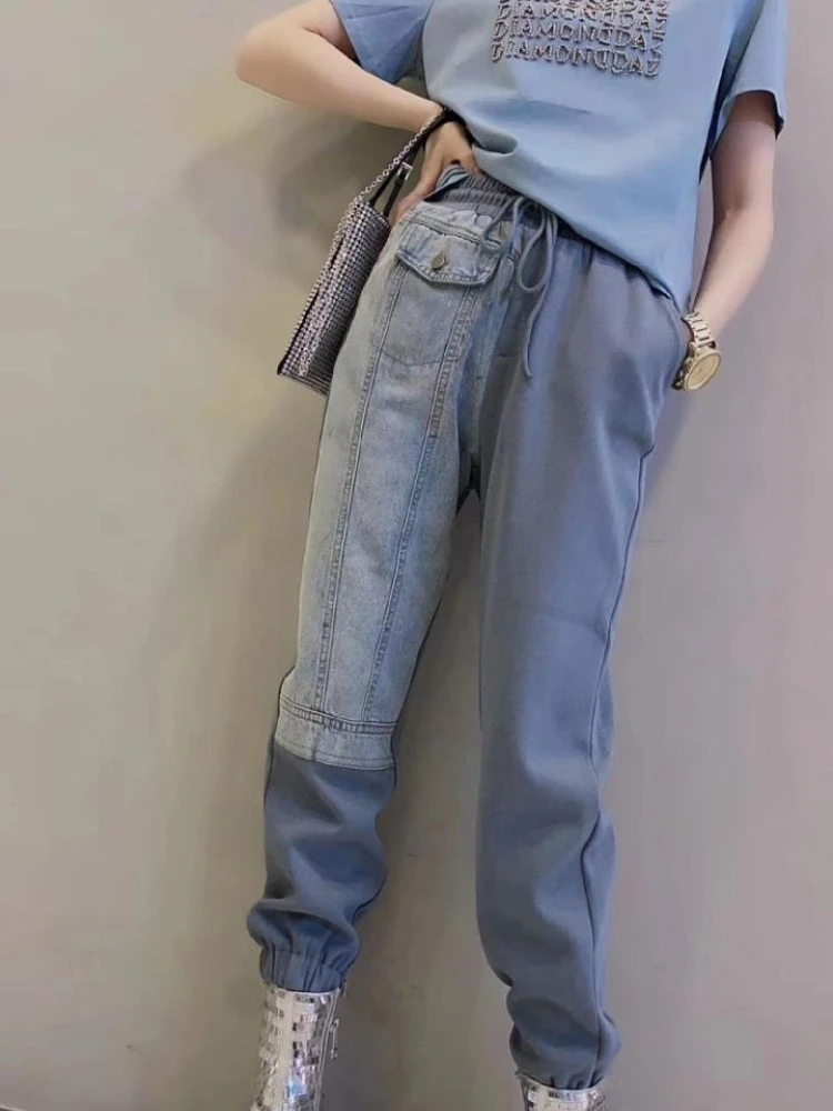 2026 Spring Autumn Women Patchwork Denim Pants Elastic Waist Loose Asymmetric Color Block Casual Sweatpants Trousers