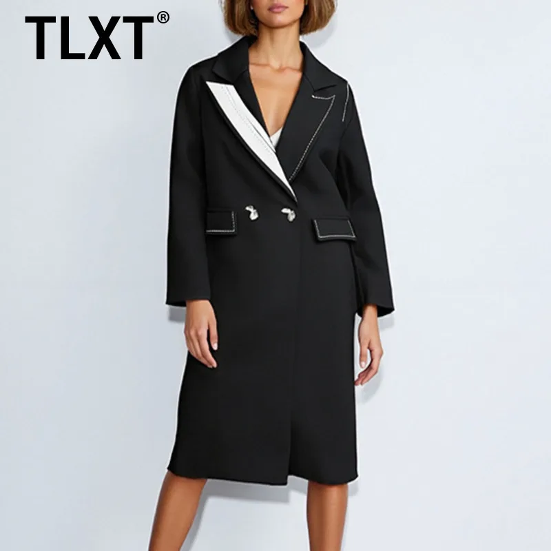

TLXT Fashion Women's Elegant Double Breasted Blazer Contrasting White Lapel Collar Long Sleeve Casual Outerwear 2025 New XK1621