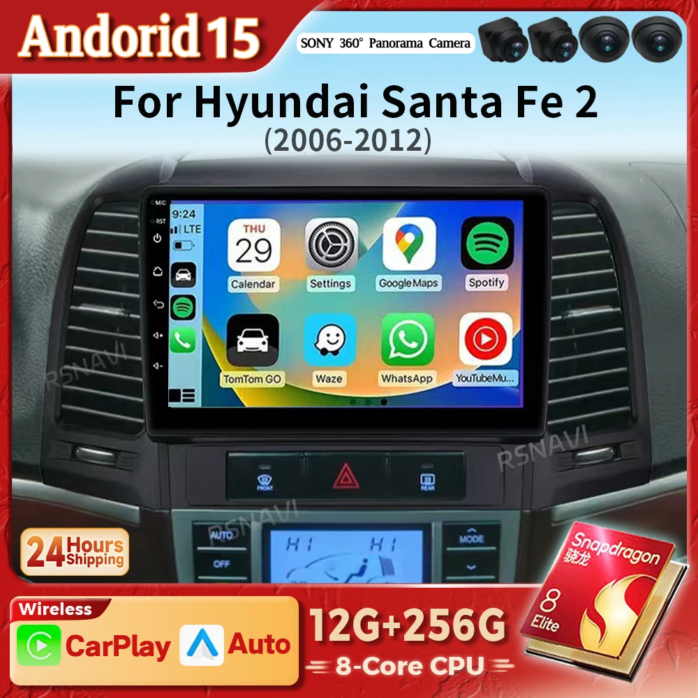 Android 15 Carplay Auto 2K Screen Car Radio Multimedia Player For Hyundai Santa Fe 2 2006 - 2012 Autoradio Stereo DSP Snapdragon