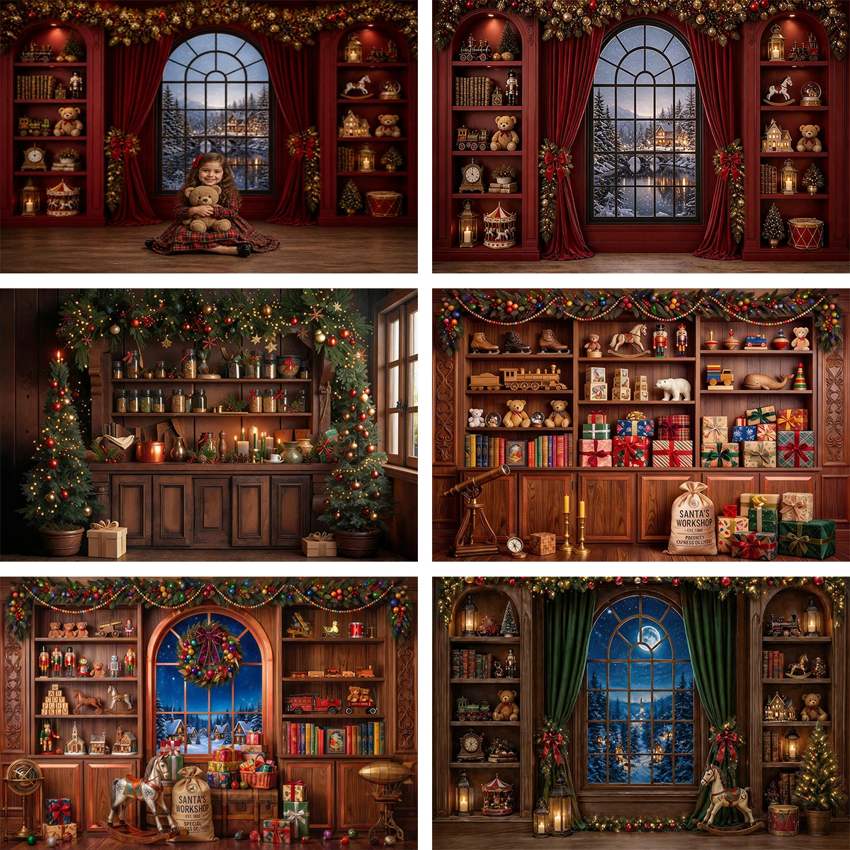Christmas Vintage Toy Shop Santa Holiday Workshop Photography Backdrop Christmas Winter Family Portrait Photo Background