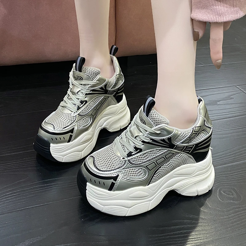 Heels for Women Chunky White Luxury Sneakers Ladies Lace Up High Platform Shoes Fashion Light Hick Sole Dad Shoes Footwear Femme