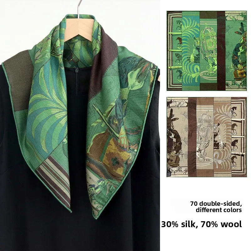 65x65cm Vintage Hunt Narrative Square Scarf 70% WOOL 30% MULBERRY SILK Double Sided Different Color Women Neck Scarf Art Shawl