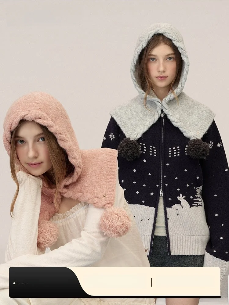 

Romantic Moonmoi Handmade Knitted Hat Scarf Set Women's Inteated Hooded Warm Furry Knitwear Spring Collection