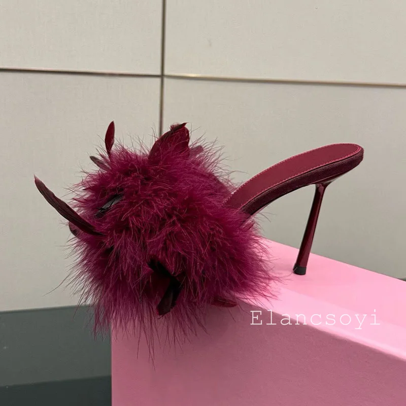 slipper New Women's Feather-Embellished Stiletto Heels – Open Toe High Heel Sandals for Party Evening & Fashion Statement Looks