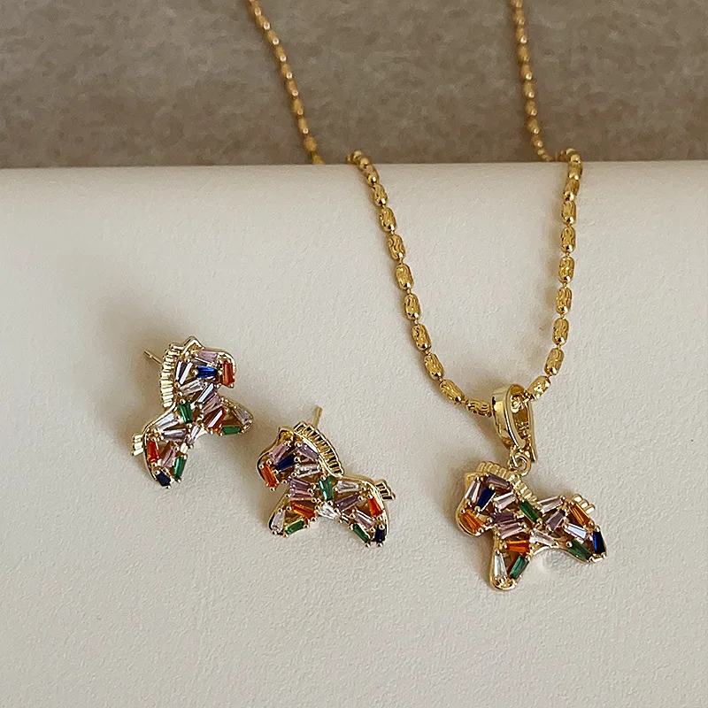 

Minar Textured Candy Color CZ Cubic Zircon Cartoon Horse Pendant Necklaces for Women Real Gold Plated Copper Beads Sweater Chain