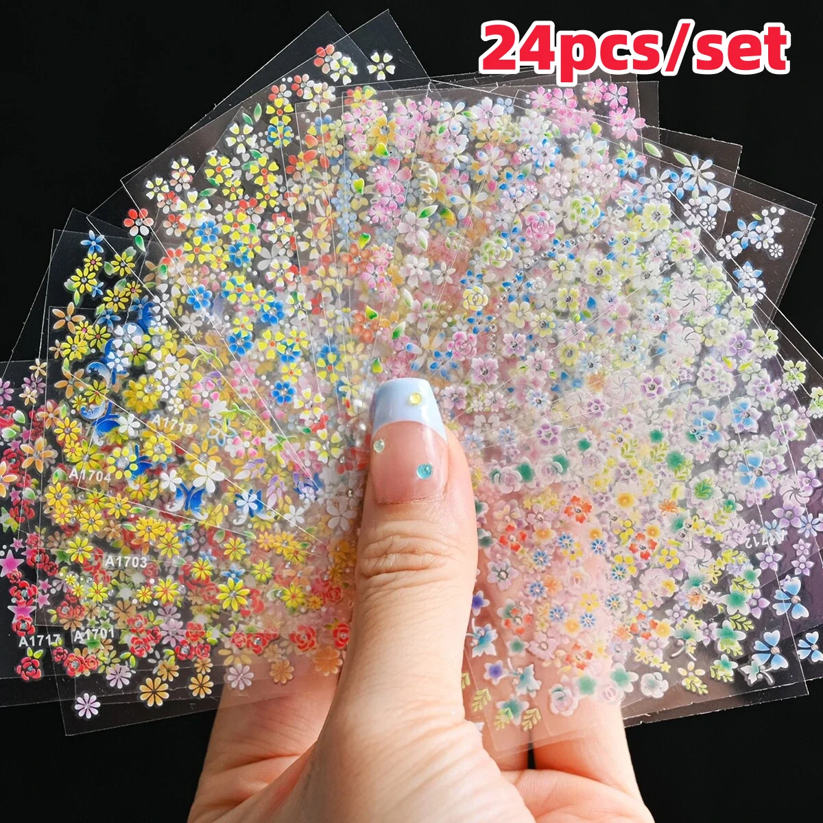 24 Sheets Flower With Diamond 3D Spring Nail Art Stickers 500pcs Self-Adhesive Blossom Flower Art Design For Manicure Decoration