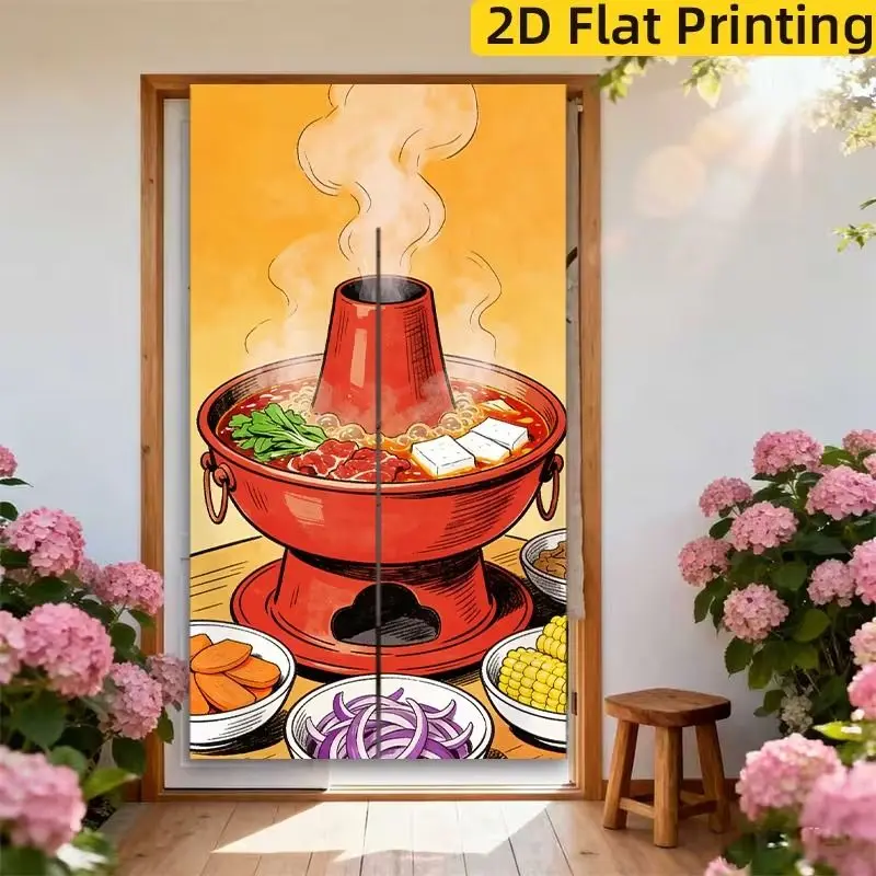 VIKAMA Japanese Hot Pot Half Curtain Chinese Copper Pot Food Printed Fabric Curtain Kitchen Restaurant Cozy Festive Home Decor