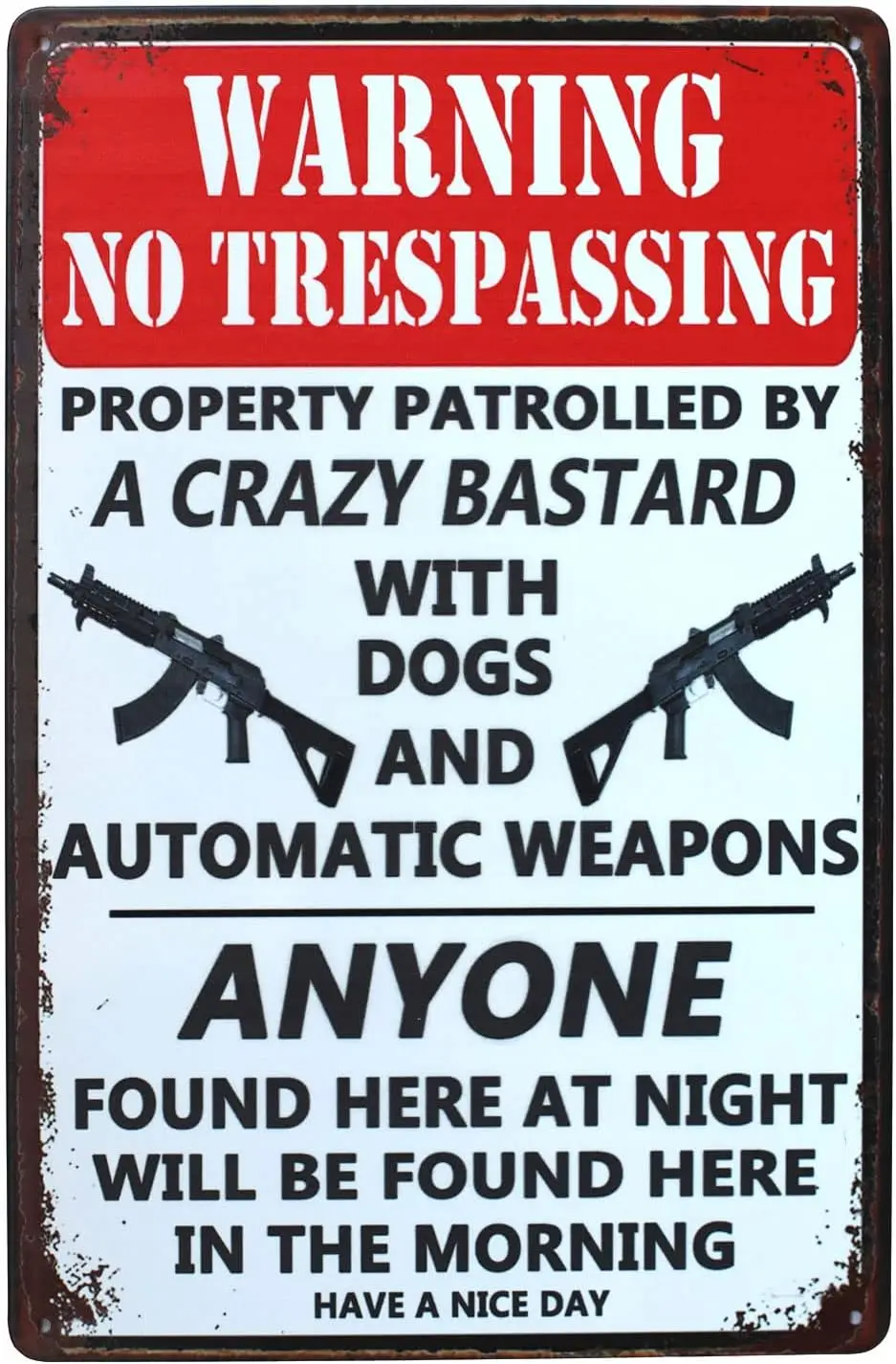SUMIK Warning No Trespassing Property Patrolled by A Crazy BAS, Funny Metal Tin Sign, Vintage Plaque Home Wall Decor