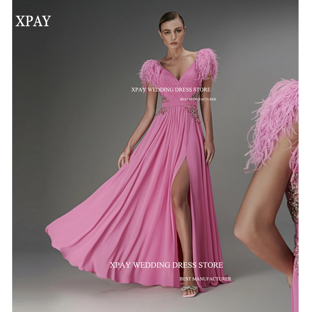 XPAY-Vestidos femininos simples rosa com decote em v, penas de chiffon, Split, Dubai, Arábia, vestidos de noite, vestidos formais de baile