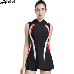 Women Tennis Dress Sleeveless Zipper Turn-down Collar Contrast Color Athletic Dresses Sportswear for Golf Badminton Training