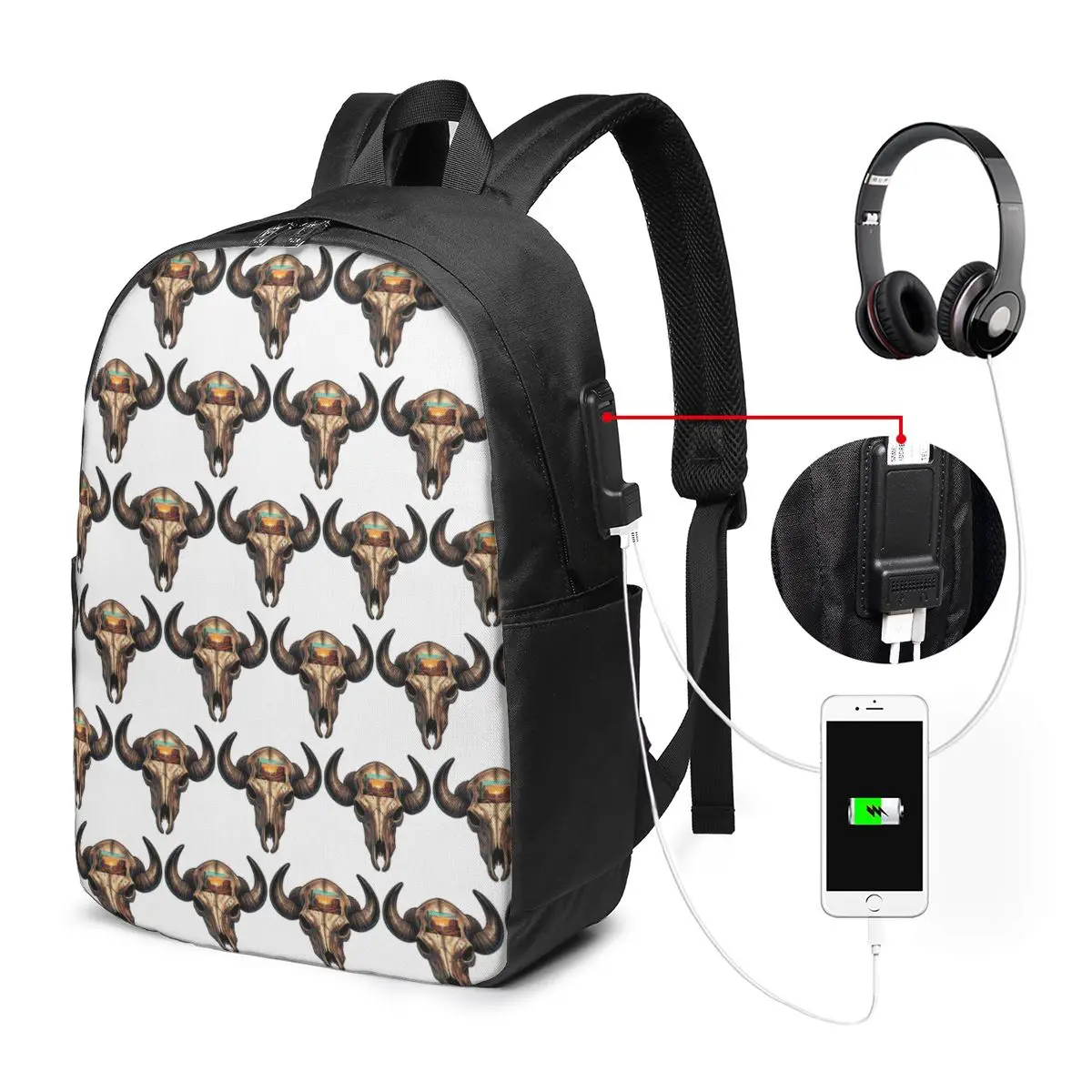 Western Bull Skull Cactus Sun Tribal Print Backpack Travel Notebook Bag Computer College Student School Bag Laptop Shoulder Bags