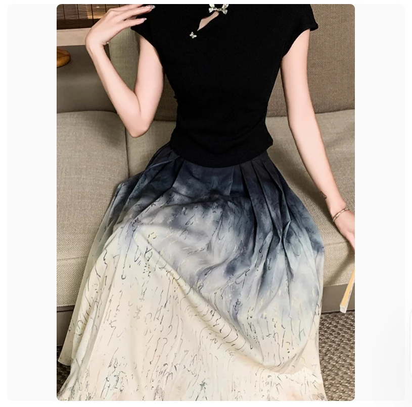 Novo estilo chinês retro moda temperamento, idade reduzindo botão borboleta manga curta pintura a tinta vestido de rosto de cavalo plissado