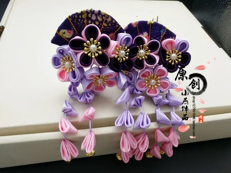Paars Cosplay Sakura Fan Kwastje Hoofdtooi Oude Kostuum Kimono Accessoires Haarspeld Tsumami Zaiku Yukata Haarspeldjes Kanzashi