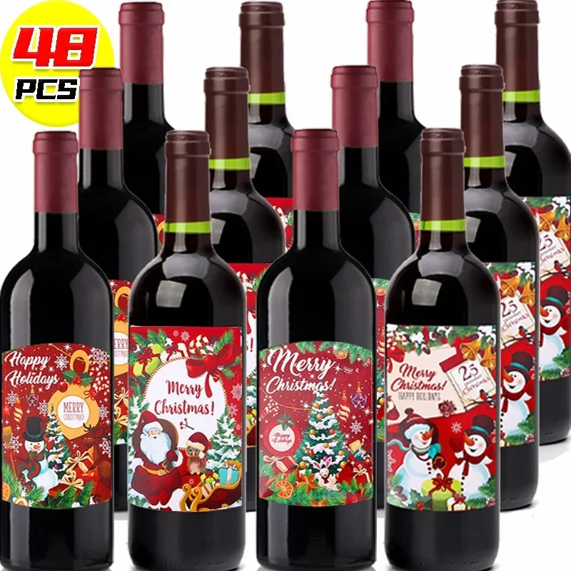 12/48PCS New Self-Adhesive Vinyl Wine Sticker Christmas Red Wine Bottle Label DIY Santa Claus Xmas Tree Paper Sticker Party Wrap