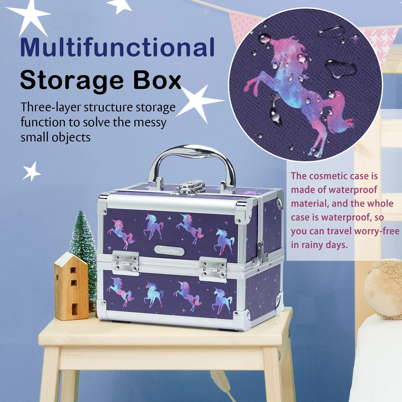 Makeup Case Portable Lock Alloy Unicorn Cosmetic Jewelry Nail Hair Accessories Storage Box with Mirror 2 Trays Make-up Suitcase