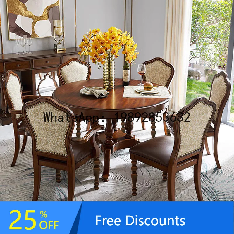 

CZ American Style Solid Wood Dining Table and Chair Set European Retro Home Small Apartment Modern Round Dining Table