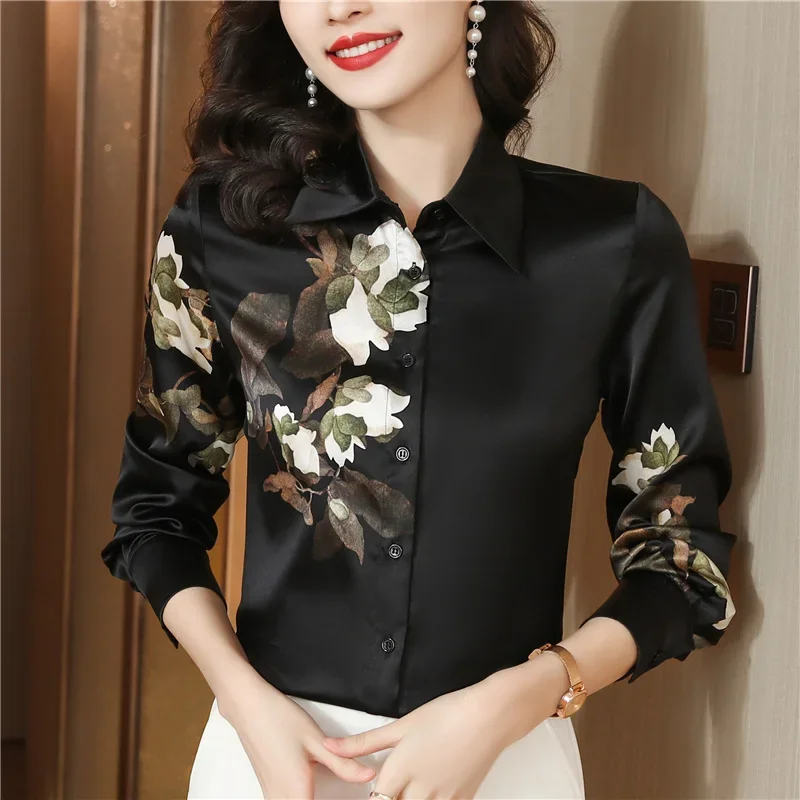 Satin Vintage Women Blouses Loose Long Sleeves Prints Casual Top Clothing Sales Summer Silk Korean Women\'s Shirts