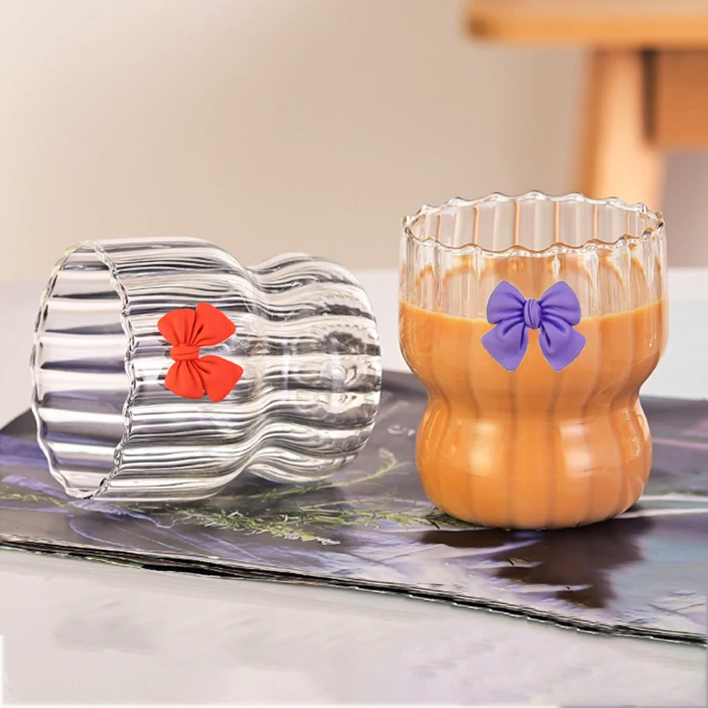 

300 мл стеклянная кофейная чашка с бантом, волнистые стеклянные чашки, чайная чашка, однослойные стаканы для питья молока, сока