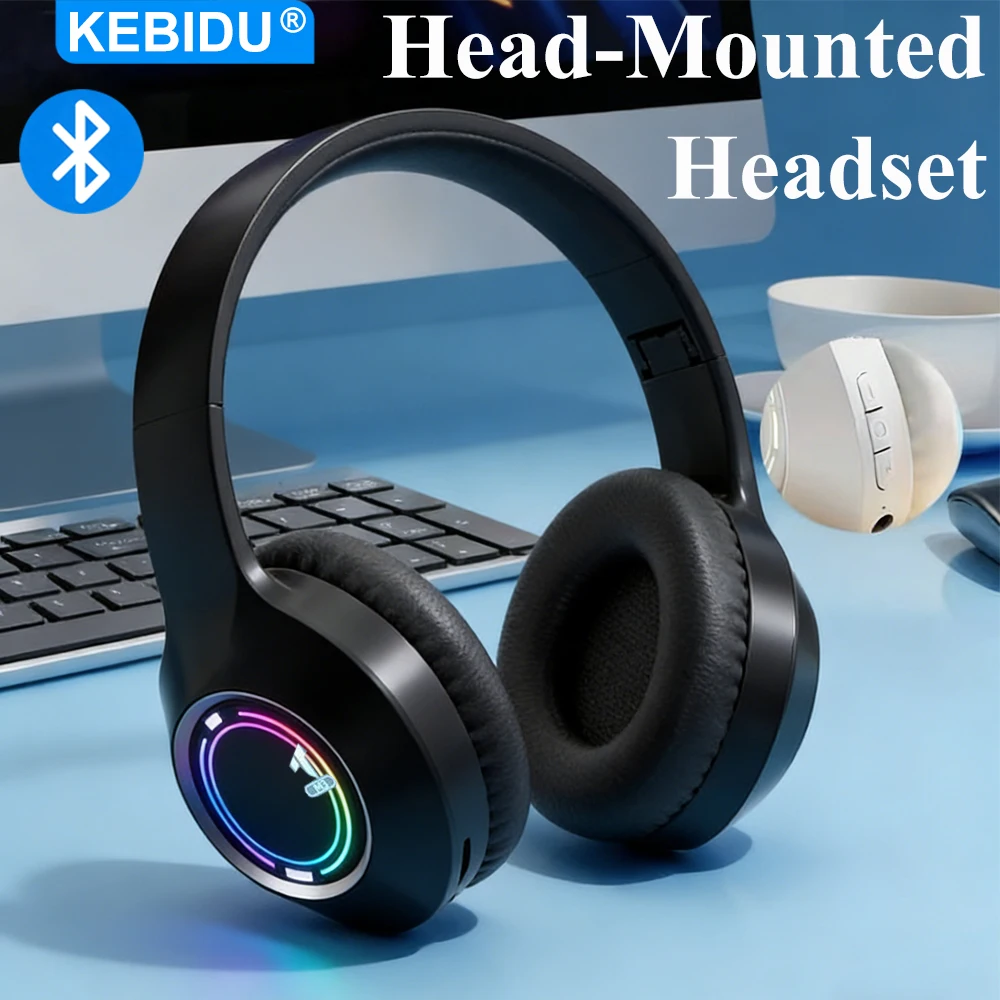 KEBIDU RGB Bluetooth Headset Foldable Gaming Headset 3.5MM + BT5.3 Headphones HiFi Stereo Noise Reduction Wireless Earphones