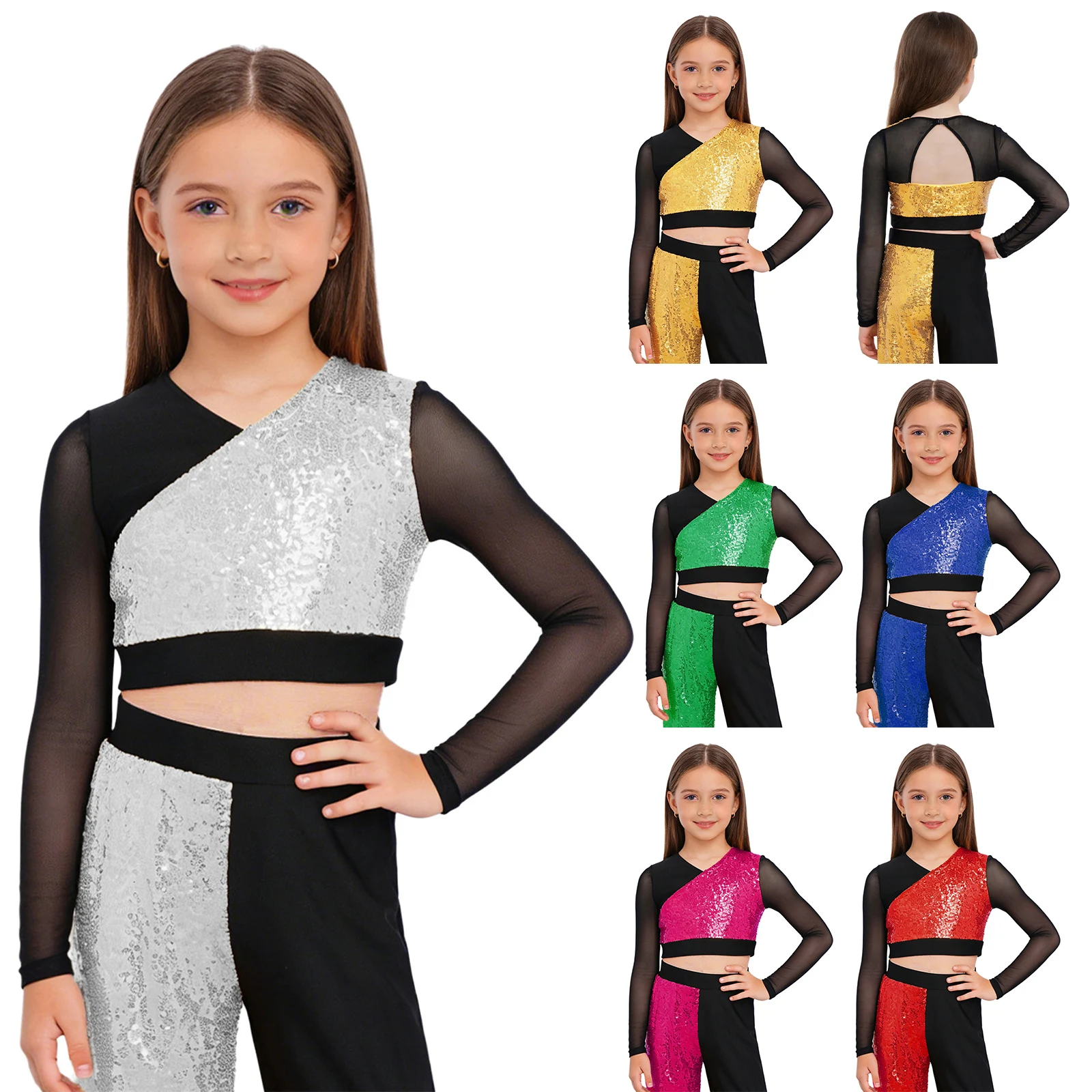 Kid Girls Color Block Crop Top Gymnastics Hip Hop Jazz Dance Performance Costume Sparkly Rhinestones T-shirts for Stage Show