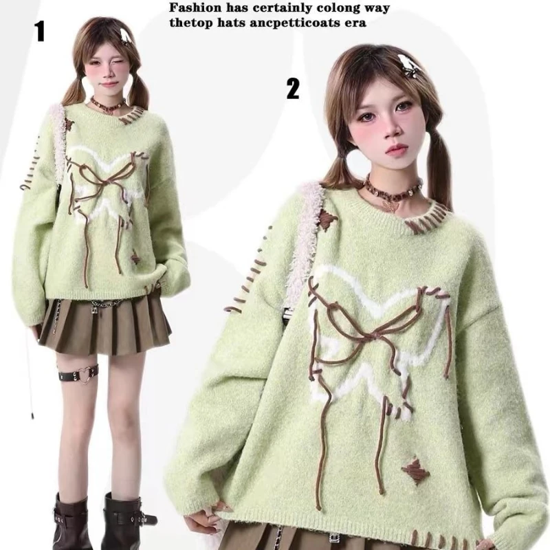 2026 Lazy Bow Sweater Women's Loose New Autumn Winter Sweet Knitted Sweater Top Niche Spring and Autumn New Year's Goods Coat