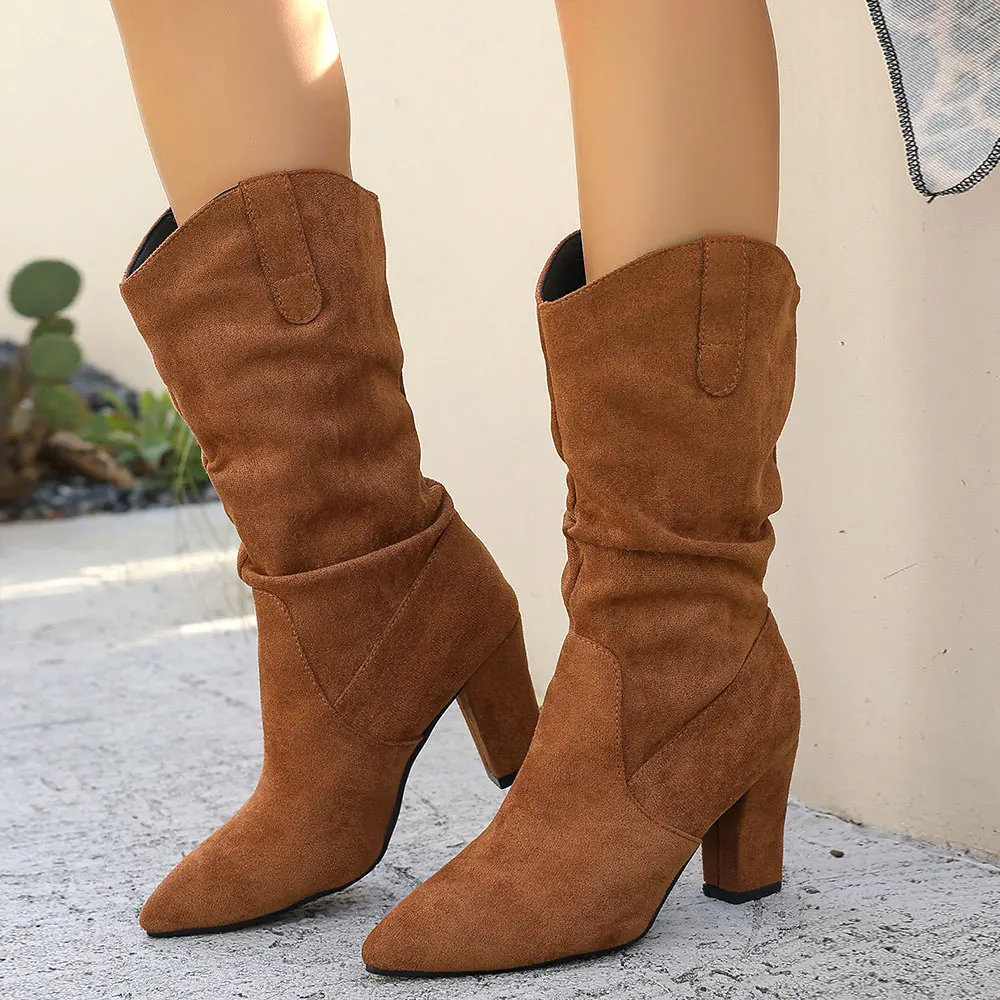 Big Size 42 Elegant Modern Lady Mid-calf Boots Women Shoes Sexy Slip on Pleated Block High Heels Boots for Party and Office