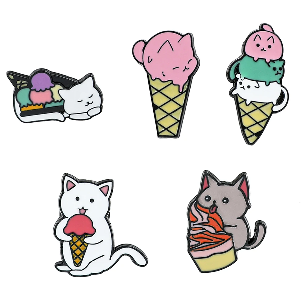 Cute Ice Cream Cat Brooch Kawaii Cake Kitty Enamel Pins Cartoon Animal Badge Fashion Jewelry Gifts Accessories