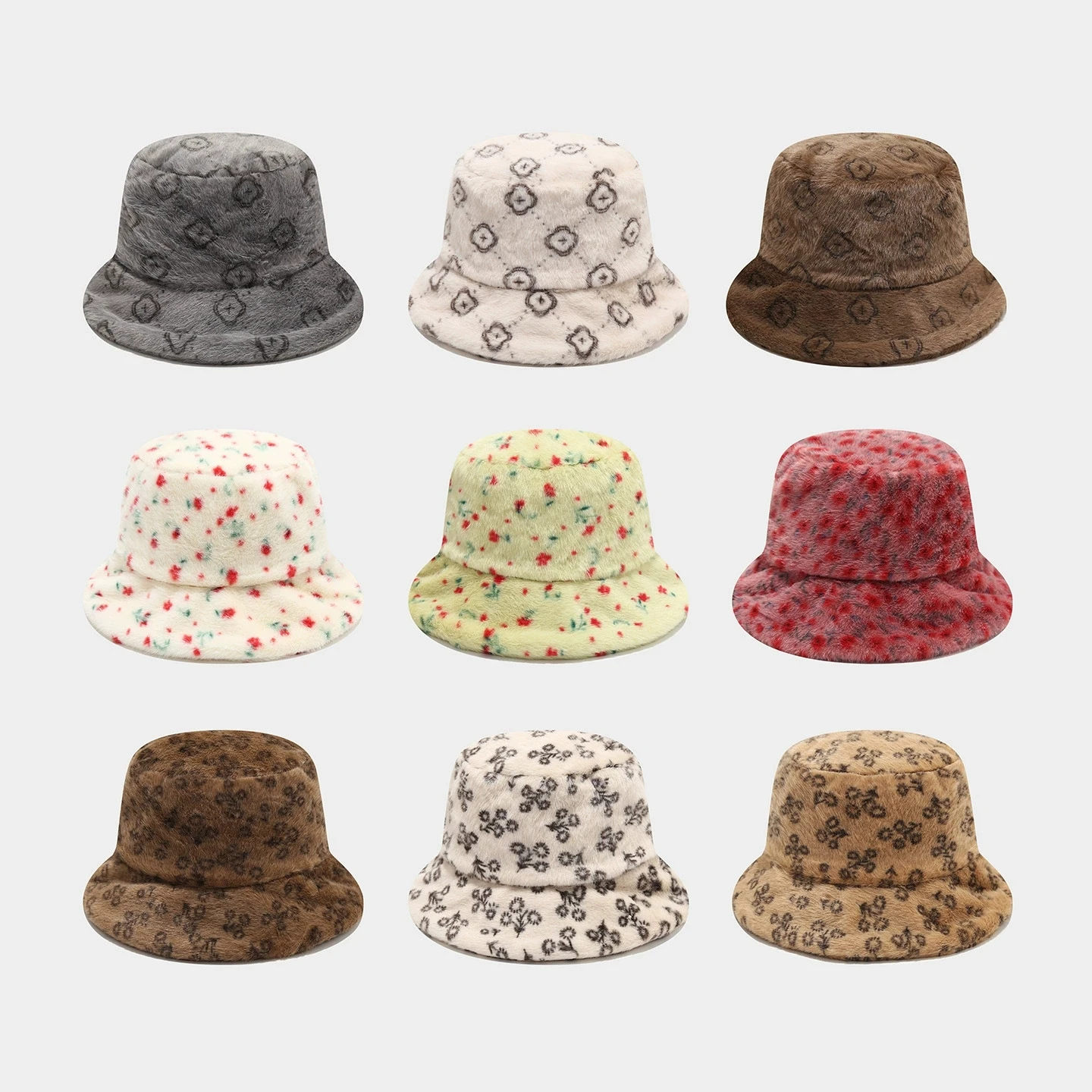 Women Autumn Winter Printed Plush Bucket Hat Vintage Floral Print Fluffy Hat Korean Warm Fisherman Hats