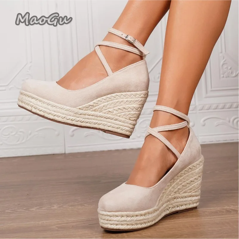 

Women's FauxSuede Espadrille Wedge Pumps Ankle Strap Round Toe Heels Platform Sole Spring Summer Female Shoes Zapatos Para Mujer