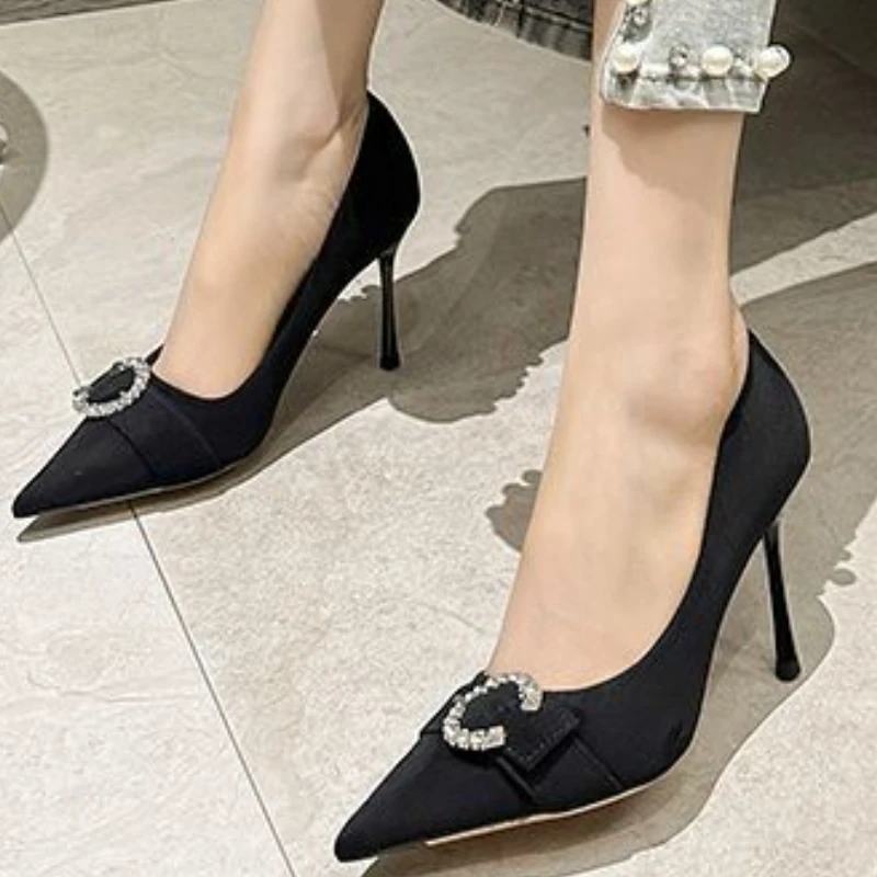 

Black Single Shoes for Women 2023 Summer Bling Buckle Pointed Toe 9cm High Heels Women's Shoes Sexy Dress Office Ladies Pumps