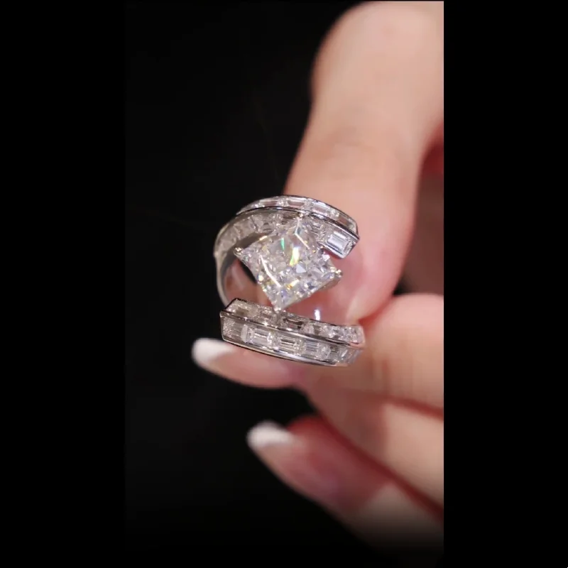 벨룩스 925 실버 금도금 합성 지르콘 화이트 스퀘어 다이아몬드 아이스 컷 꽃, 4 발톱 심플 링