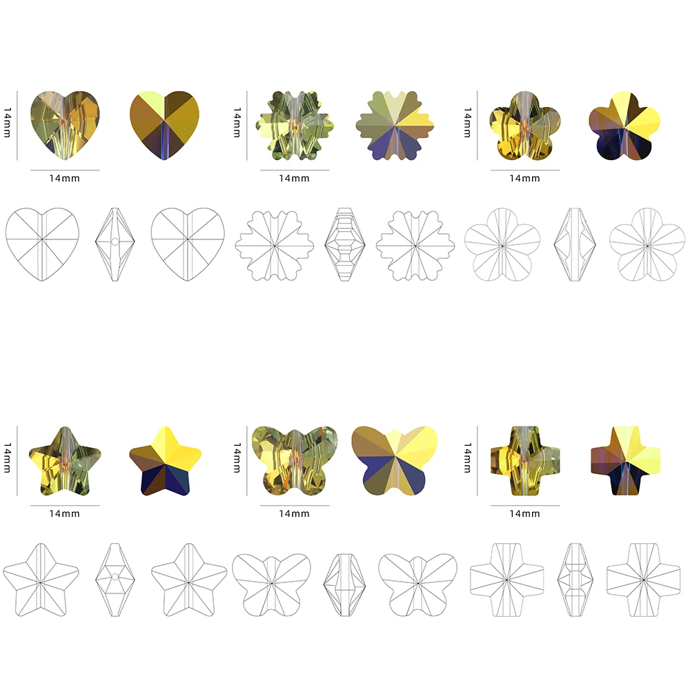 20Pcs 14mm Shiny AB Glass Crystal Pendant Beads Heart Butterfly Star Cross Flower Shape For DIY Making Earings Jewelry Findings